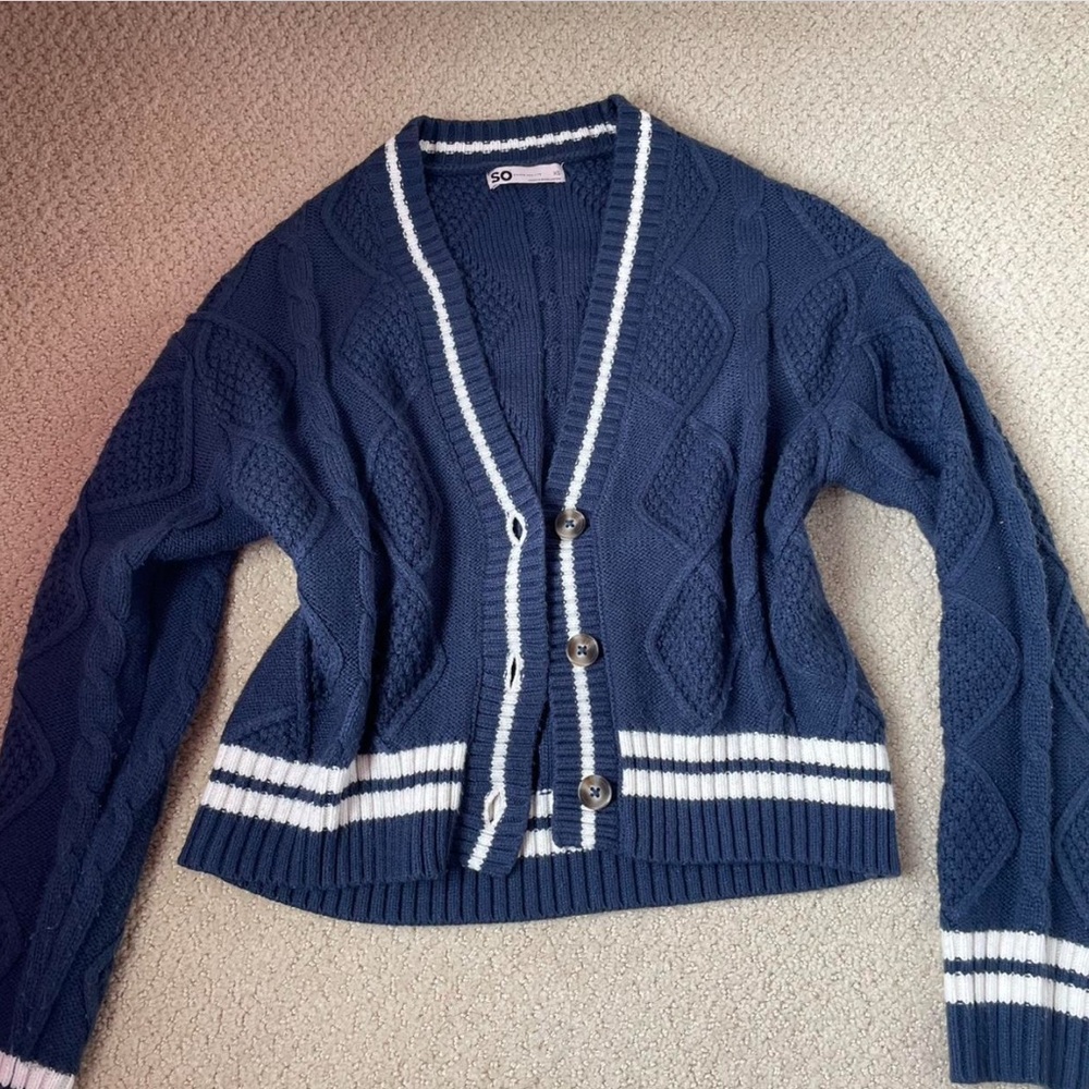 SO Women's Navy and White Cable Knit Cardigan